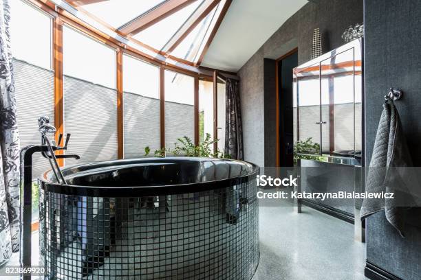 Luxurious Bathroom With Freestanding Glossy Bathtub Stock Photo - Download Image Now