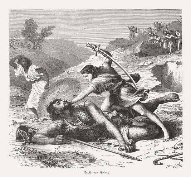 ilustraciones, imágenes clip art, dibujos animados e iconos de stock de david mata a goliat (1 samuel 17, 51), publicado en 1886 - david