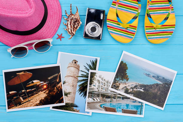 istock Women beach accessories above photos. 823871156