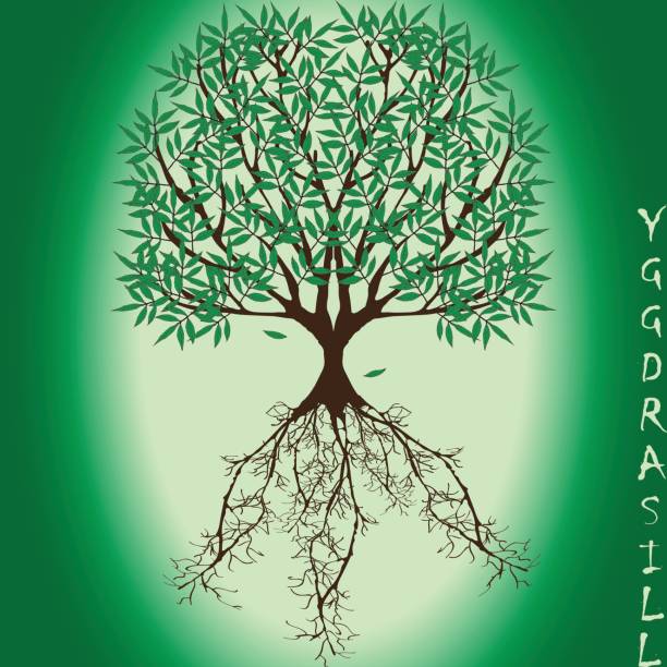ilustraciones, imágenes clip art, dibujos animados e iconos de stock de fresno yggdrasil con hojas verdes y llegar a la profundidad de las raíces - yggdrasil