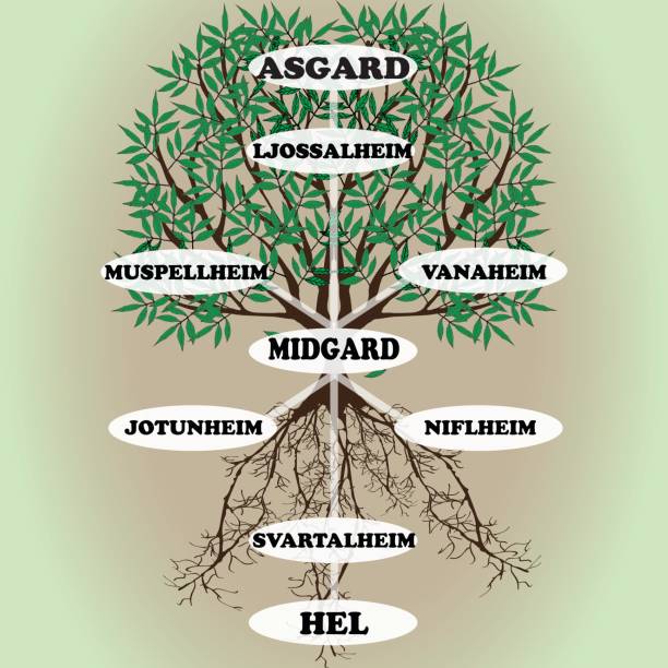 ilustraciones, imágenes clip art, dibujos animados e iconos de stock de yggdrasil: árbol del mundo de la mitología escandinava del vector - yggdrasil