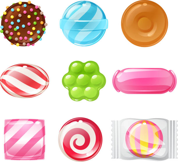 Set of different sweets. Assorted candies Set of sweets on white background hard candy, dragee, lollipop, toffee, jelly, peppermint candy, chocolate vector illustration hard candy stock illustrations