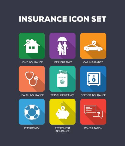 illustrazioni stock, clip art, cartoni animati e icone di tendenza di set di icone flat assicurative - auto accidents symbol insurance computer icon