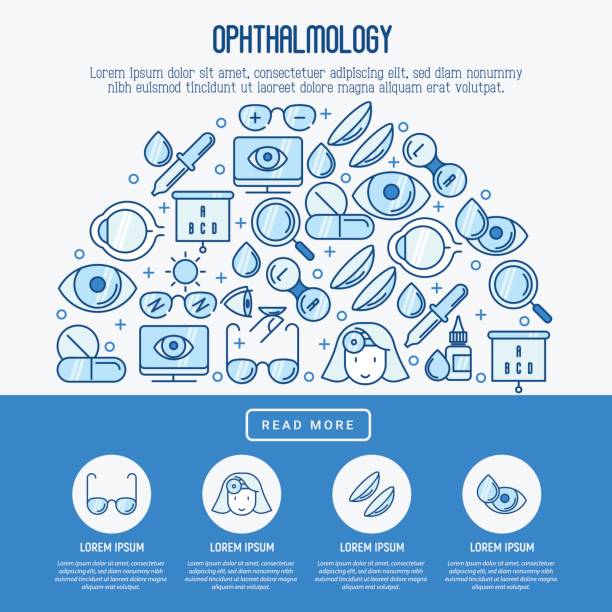 Ophthalmology concept with vision care thin line icons. Vector illustration for banner, web page, print media. Ophthalmology concept with vision care thin line icons. Vector illustration for banner, web page, print media. eye test equipment stock illustrations