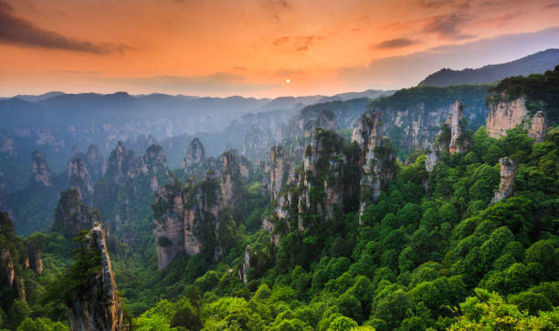 Zhangjiajie National forest park at sunset, Wulingyuan, Hunan, China Zhangjiajie National forest park at sunset, Wulingyuan, Hunan, China hunan province photos stock pictures, royalty-free photos & images