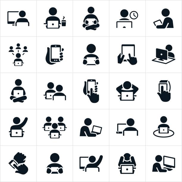People Using Computers Icons An icon set of people using desktop, laptop, tablet PC, smartwatch and smartphone computers or devices. The icons represent the digital world we live in. solo stock illustrations
