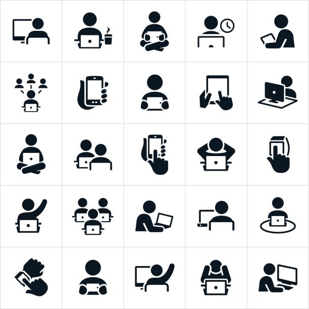 People Using Computers Icons An icon set of people using desktop, laptop, tablet PC, smartwatch and smartphone computers or devices. The icons represent the digital world we live in. one person stock illustrations