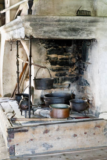 istock Ancient indoor fireplace with metal pots 823902428