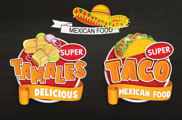 Set od traditional Mexican food logos, emblems. Set of traditional Mexican food logo, emblems, food label or sticker. Tamales, Taco logo, sticker, traditional product design for shops, markets.Vector illustration. tamales stock illustrations