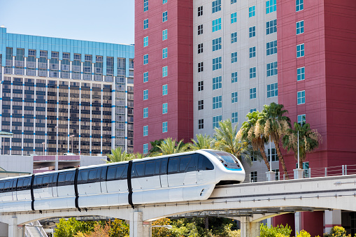 Mega casino-hotels on the Strip with monorail in the foreground, the City of Las Vegas, the entertainment Capital of the World, Nevada.