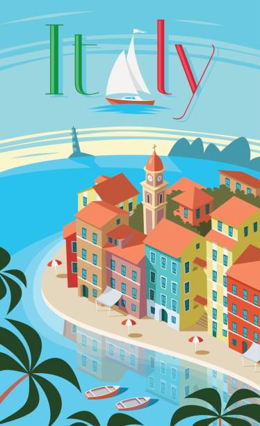 ilustrações, clipart, desenhos animados e ícones de cidade costeira italiana paisagem portofino - liguria