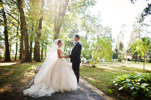 istock Fantastic wedding couple walking in the park on their wedding day. 823921372
