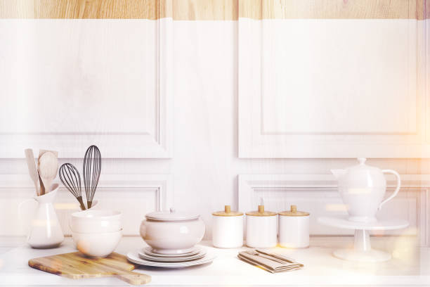istock White wooden kitchen countertop toned 823925270