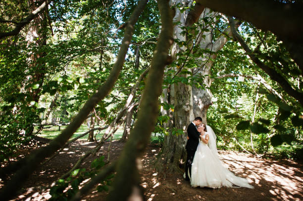 istock Absolutely stunning young wedding couple walking and posing in the forest. 823927806