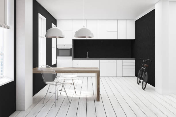 istock White and black kitchen, transparent chair 823931580