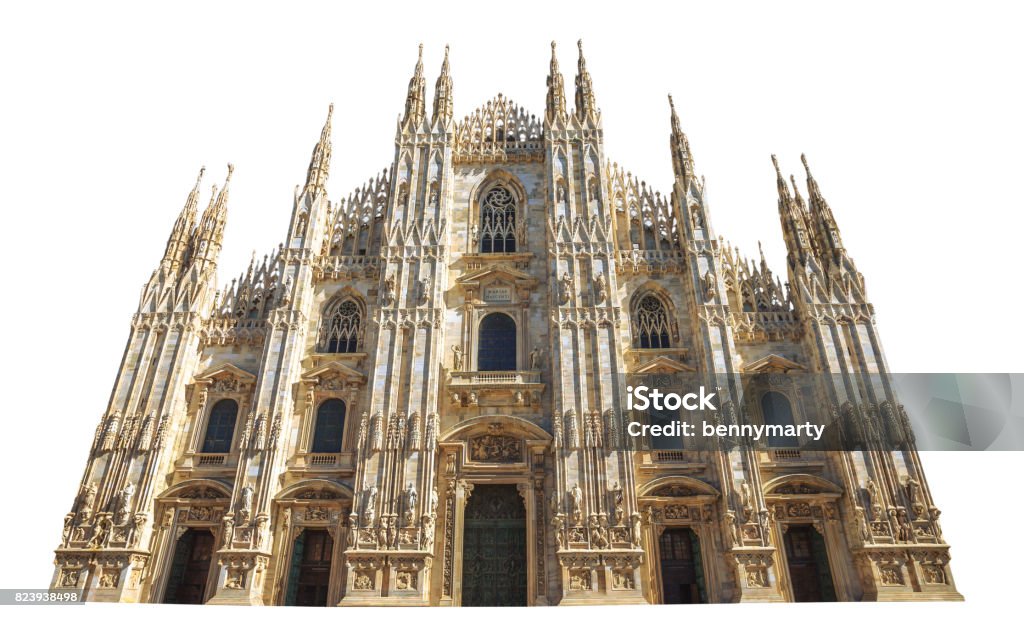 front square Duomo cathedral front side of Gothic cathedral in Piazza Duomo of Famous Milan Dome in Italy isolated on white background and copy space. Fashion capital Milano, popular landmark and city icon. Milan Stock Photo