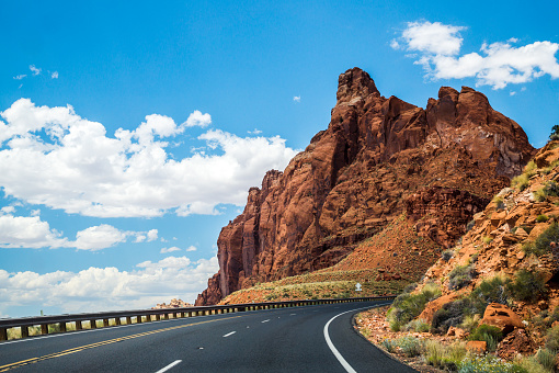 Journey to the south of the USA. Modern roads and stone landscapes of Utah, Nevada and Arizona