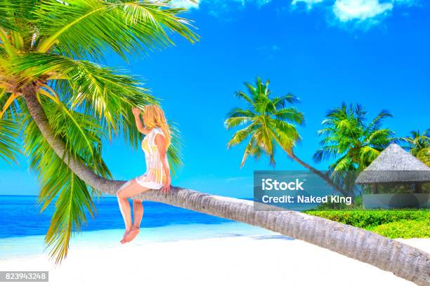 Dreamscape Escape With Beauty Girl On Maldives Stock Photo - Download Image Now - Adult, Adults Only, Backgrounds