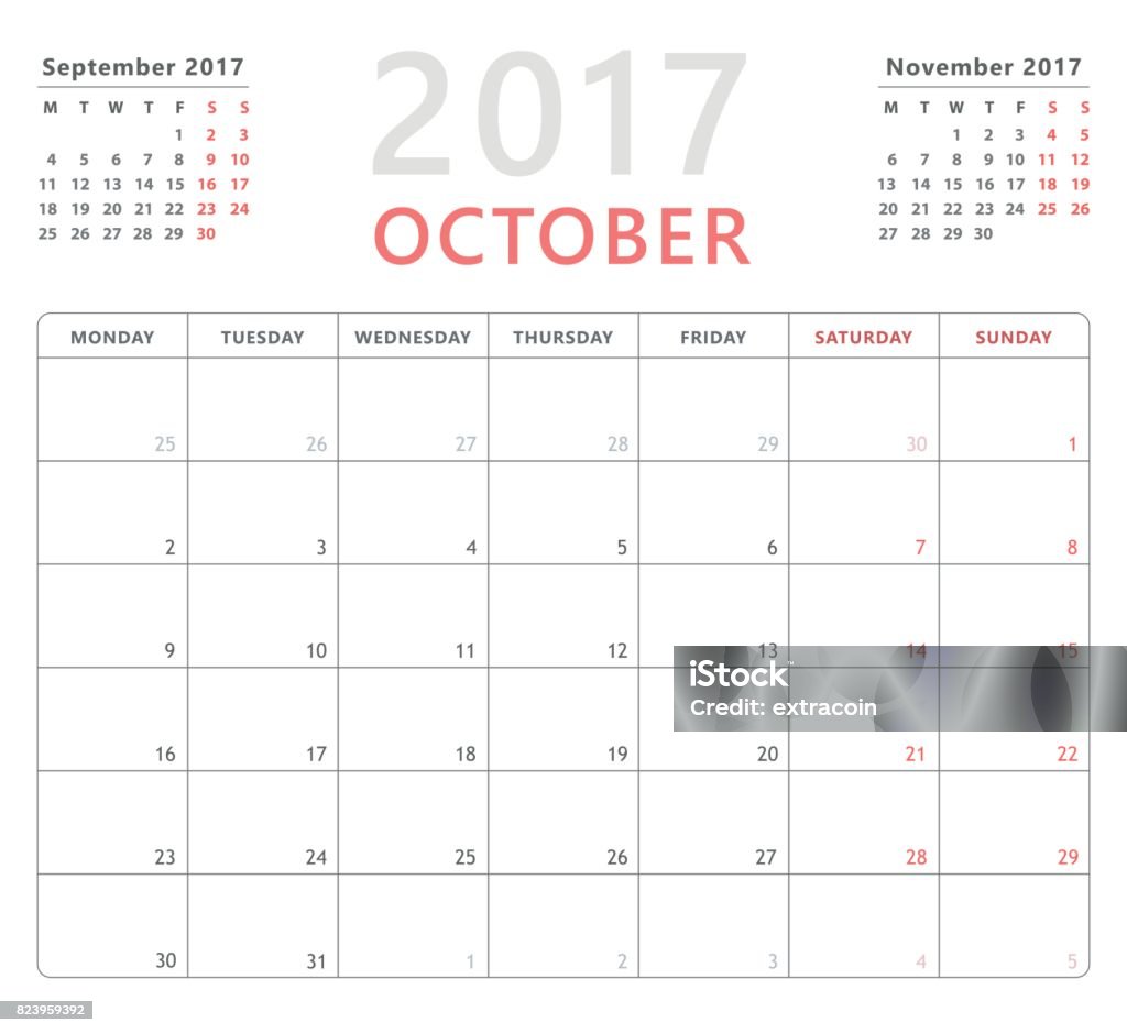 October Week 37 Calendar Planner 2017 October Week Starts Monday Vector Design Template ...