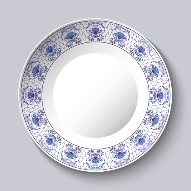 ilustrações de stock, clip art, desenhos animados e ícones de decorative porcellaneous dish with blue floral pattern in ethnic style chinese painting on porcelain or russian style gzhel. - chinese culture china chinese ethnicity frame