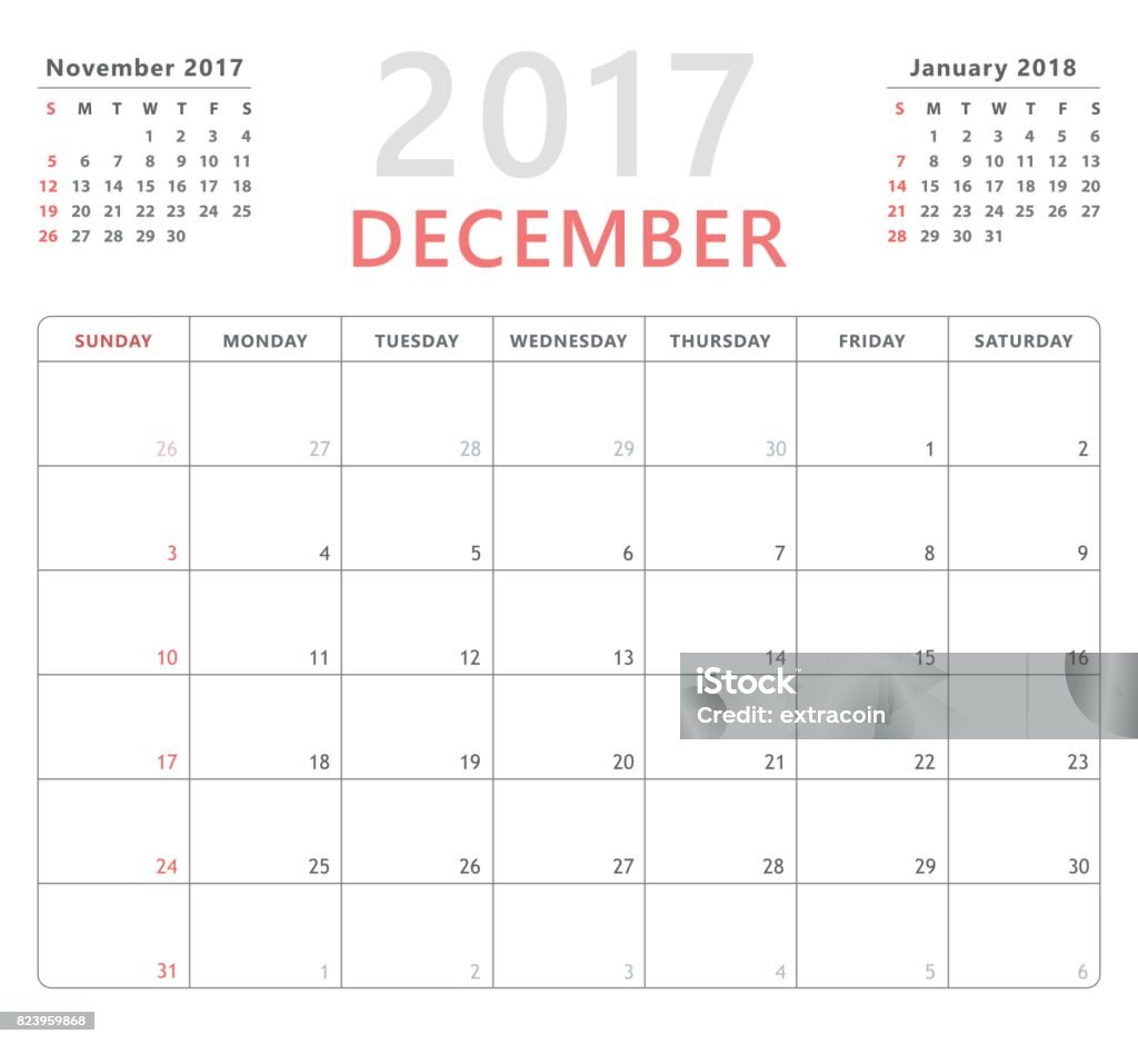 Calendar planner 2017 december, week starts sunday, vector design template calendar planner for december 2017 starts sunday, vector calendar design 2017 year 2017 stock vector