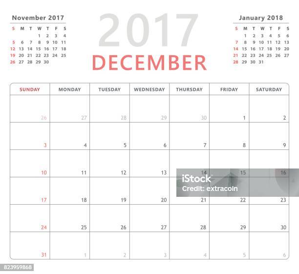 Calendar Planner 2017 December Week Starts Sunday Vector Design Template Stock Illustration - Download Image Now