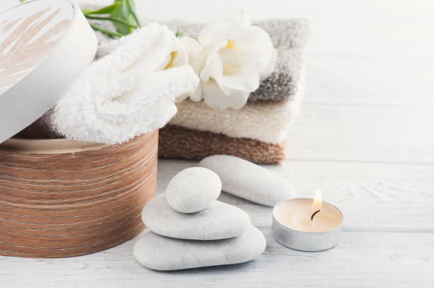 istock Set of bathroom accessory on wooden background 823962990