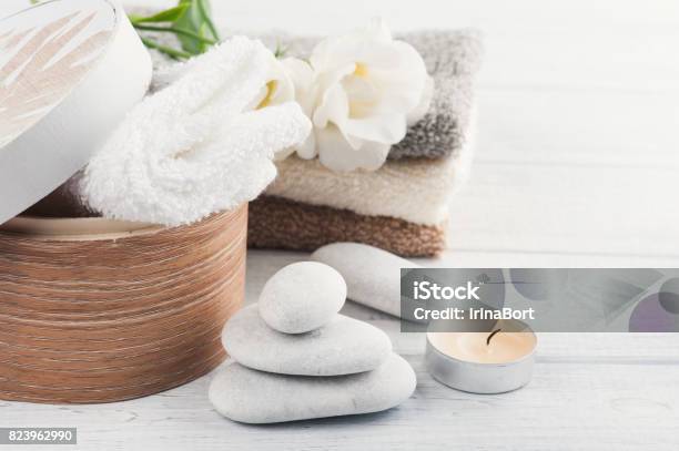 Set Of Bathroom Accessory On Wooden Background Stock Photo - Download Image Now - Box - Container, Spa, Wellbeing