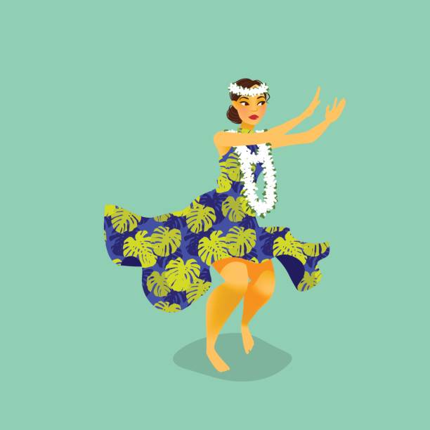 Illustration of a Hawaiian hula dancer woman Illustration of a Hawaiian hula dancer woman in dress with tropic pattern grass skirt stock illustrations