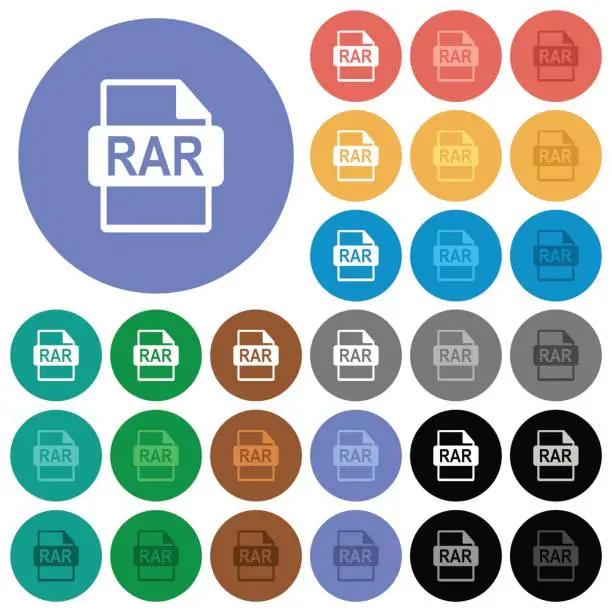 Vector illustration of RAR file format round flat multi colored icons
