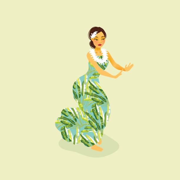 Illustration of a Hawaiian hula dancer woman Illustration of a Hawaiian hula dancer woman in long dress grass skirt stock illustrations