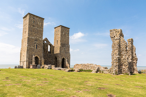 The ruins of Reculver Towers at Reculver, Kent, UK.
