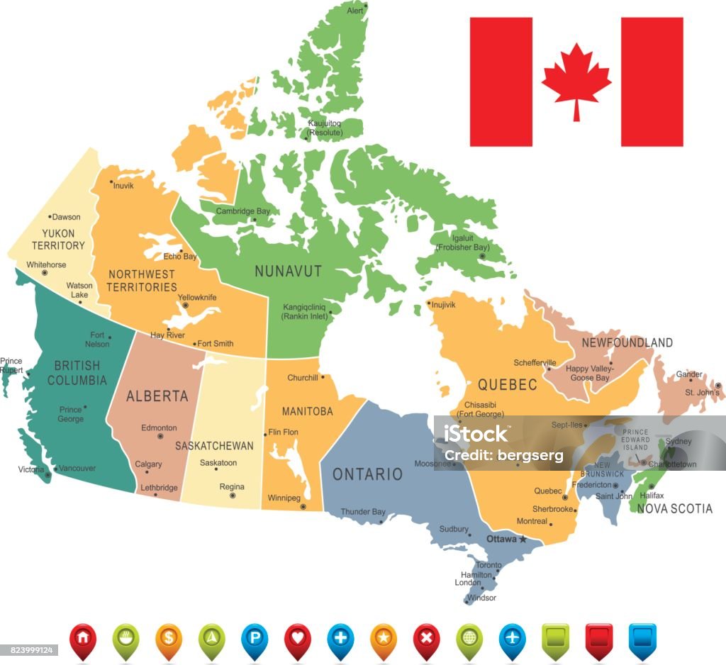 Vintage Map of Canada Vector Vintage Map of Canada with borders, cities and national flag.All elements are separated in editable layers Map stock vector