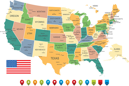 High deteiled Map of United States of America with National Flag, cities and borders.All elements are separated in editable layers