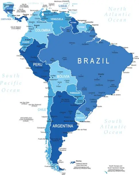 Vector illustration of Blue Map of South America