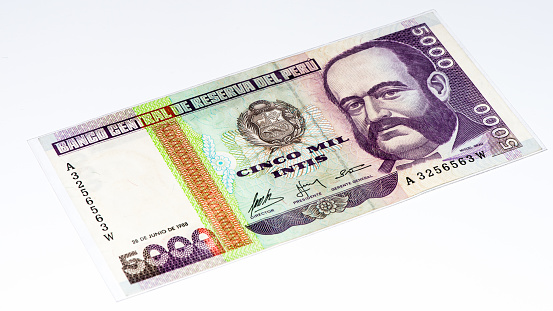 5000 intis bank note. Inti is the former currency of Peru