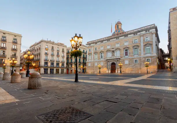 The ancient Gothic square of St. James early in the morning. Barcelona. Spain.