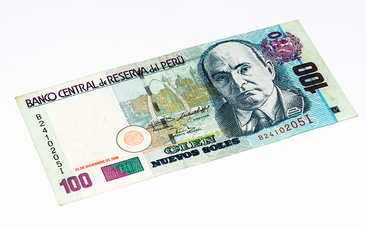 100 soles nuevos bank note. Soles nuevos is the national currency of Peru