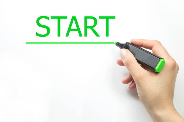 istock Women Hand writing start with marker. 824013928