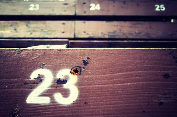 istock Number twenty three painted on an old wooden seat. 824016386