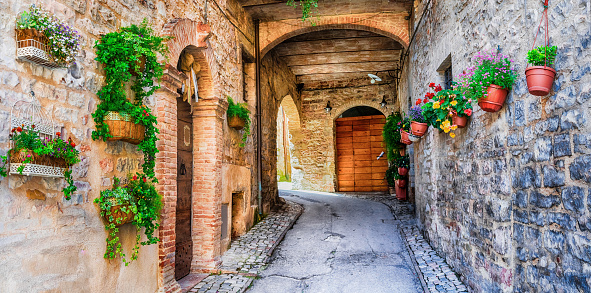beautiful Floral village Spello in Umbria - popular touristic attraction . Italy