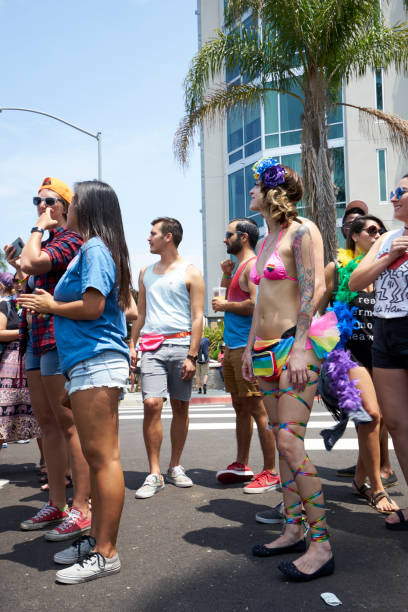 colorful Pride Parade participants and spectators supporting the LGBT community in Hillcrest stock photo
