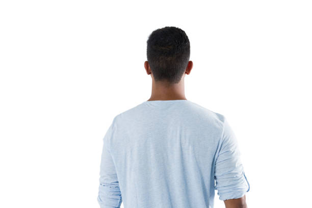 istock Man looking at invisible screen against white background 824017602