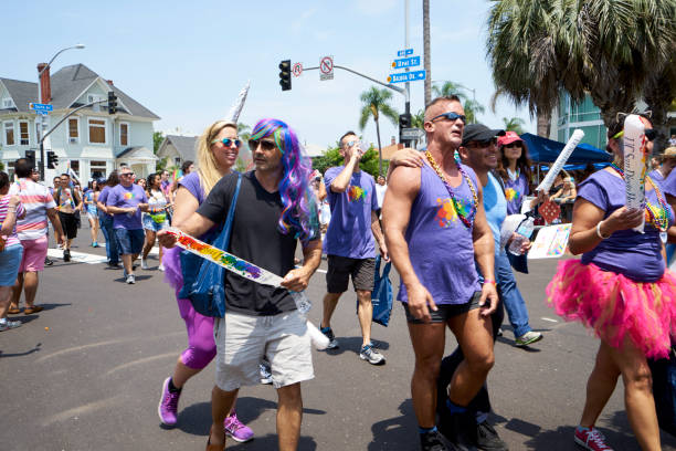 colorful Pride Parade participants and spectators supporting the LGBT community in Hillcrest stock photo