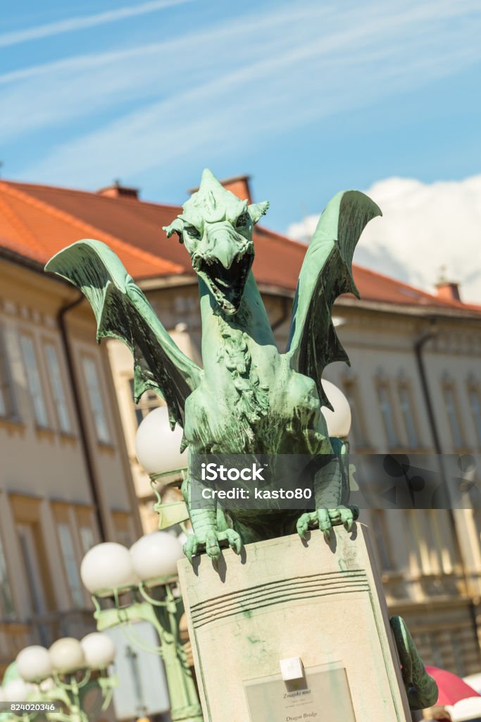 Famous Dragon bridge, symbol of Ljubljana, Slovenia, Europe. Famous Dragon bridge, Zmajski most, symbol of Ljubljana, capital of Slovenia, Europe. Ancient Stock Photo