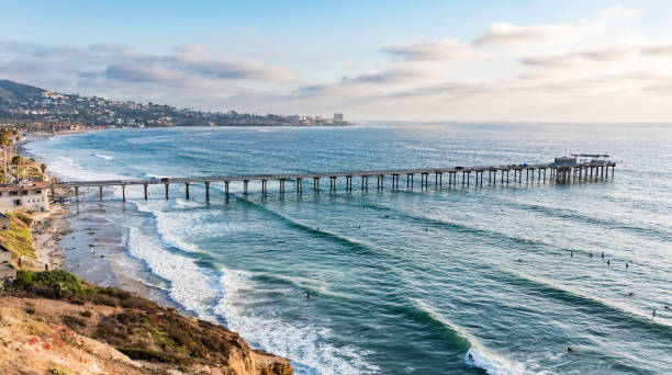 Scripps Pier Scripps Pier just before sunset with the La Jolla Cove in the background la jolla stock pictures, royalty-free photos & images