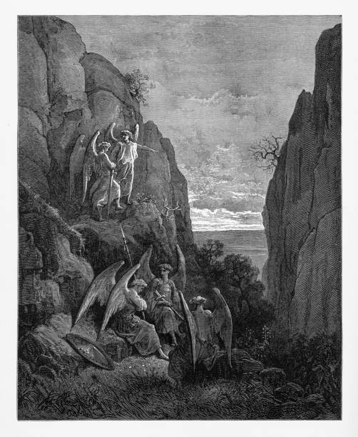 istock So promised he, and Uriel to his charge returned Victorian Engraving, 1885 824024046