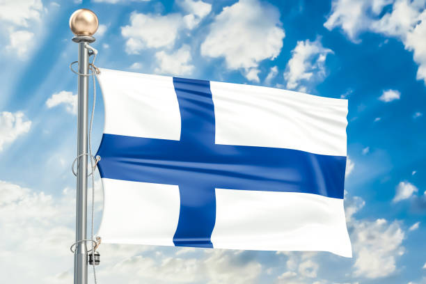 istock Finnish flag waving in blue cloudy sky, 3D rendering 824024450