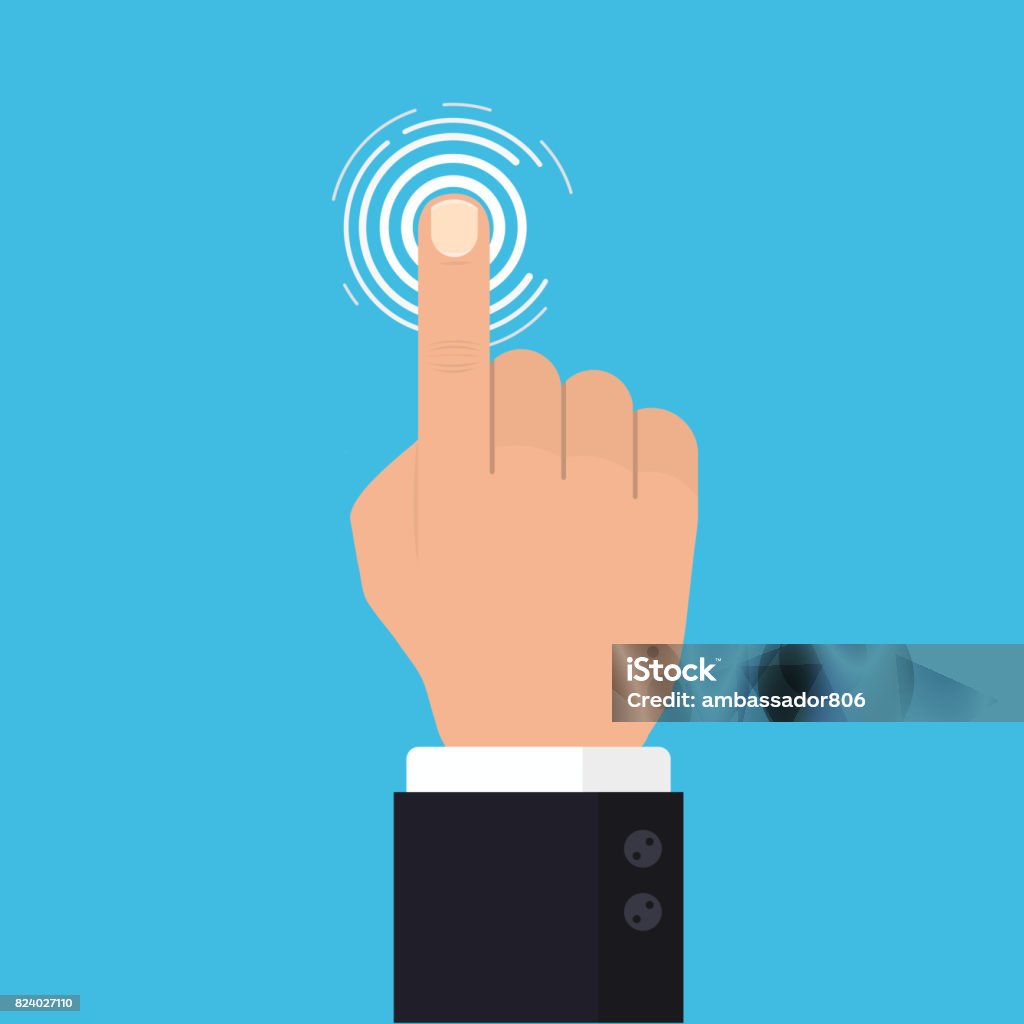 Hand touch screen, Press the button, Flat style. vector Hand touch screen, Press the button, Flat style, top view. technology icon concept. Vector Pointing stock vector