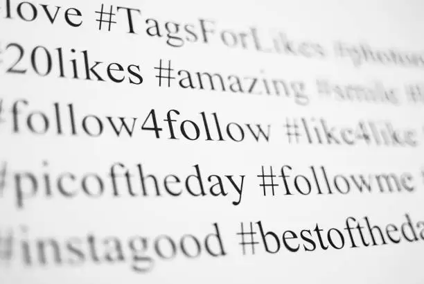 Photo of Closeup of typed popular hashtags. Words on paper sheet.